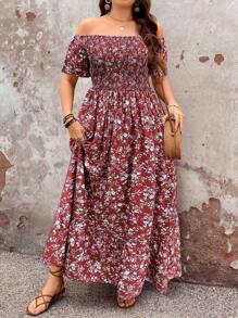 SHEIN Clasi 春夏秋季优雅通勤简约度假田园风时尚百搭畅销款腰果花面料露肩短袖宽长裙下摆设计，绿色和多种颜色，加大码 - 紅色 - 查看 3