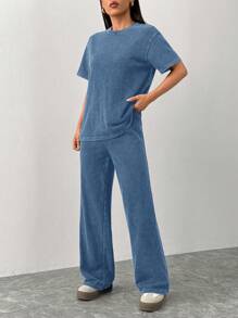 SHEIN PETITE Spring And Summer Home Casual Round Neck Short-Sleeved T-Shirt + Straight Trousers, Old Washed, Fried Snowflakes Loose Suit - Blue - View 4