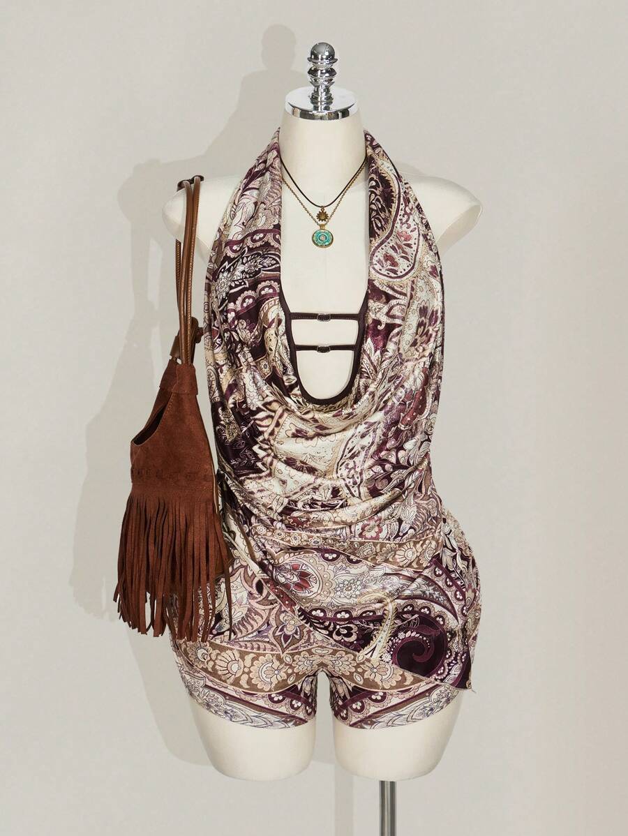 SHEIN ICON Plus Size Bohemian Style Print Halter Asymmetrical Hem 2pcs Set, Backless Crop Top & Shorts, Western Style Outfit - Multicolor - View 1