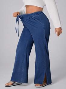 SHEIN Unity Pantalones vaqueros anchos con cintura elástica y cordón para mujer talla grande, para otoño y festivales - Azul - Ver 5