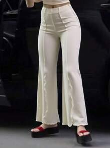 INAWLY 复古美式高腰荷叶边修身休闲阔腿裤，女式，简约风格，适合乡村音乐会 - 杏色 - 查看 3