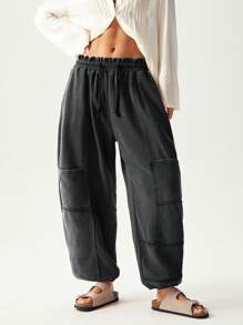 Bohemela Pantalón de chándal de punto de unicolor con cordón, de corte holgado, para mujer - Negro - Ver 5