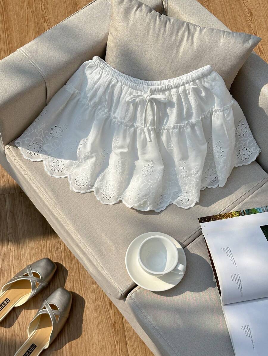 Comfortcana Women's Ruffled Embroidered Linen A-Line Skirt, Summer Vacation - White - View 1