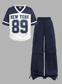 SHEIN Leap Crew 2 件套 Tween 女童宽松休闲运动衫 T 恤和阔腿工装裤套装 - 藍色 - 查看 9
