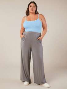 SHEIN BASICS 大码女式夏季休闲百搭纯色吊带背心 - 藍色 - 查看 5