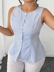 Elenzga Áo vest không tay thanh lịch & tinh tế dành cho nữ, áo sơ mi kẻ sọc xanh ôm vừa vặn cỡ lớn, mùa hè - Màu xanh lam - Xem 3