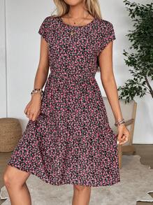 EMERY ROSE 女式夏季碎花蝙蝠袖圆领休闲连衣裙