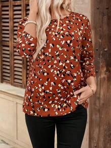 EMERY ROSE Women's Casual All-Over Print Round Neck Blouse, Vacations - Rust Brown - View 5