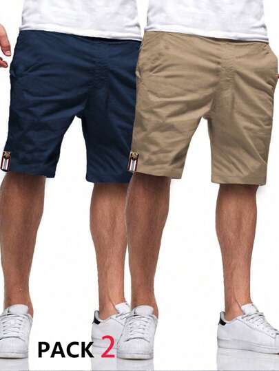 SHEIN Tween Boy Buy One Get One Free 2 Packs Casual Sports College Art Retro Hem Khaki And Royal Blue Shorts With Ribbon And Button Decoration Multi-Pack Suitable For Back To School Suitable For Birthday Parties, Evening Parties, Performances, Weddings, Baptisms, Opening Ceremonies Everyday Suitable For Daily Use Suitable For School Suitable For Travel Suitable For Sports Suitable For Spring And Summer Seasons