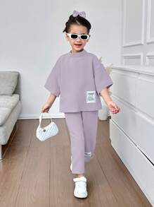 SHEIN Young Girl 2 Pieces Set: Woven Solid-Color Mock Neck Top And Ankle Length Pants - Purple - View 3