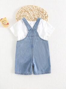Cozy Pixies Salopette en jean délavé avec poche avant avec motif d'ours de dessin animé pour bébé garçon
