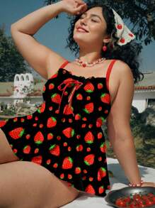 Swim Mod 2pcs/Set Plus Size Women Strawberry Print Flounced Spaghetti Strap Tankini, Casual And Simple For Holiday And Vacation For Summer - Multicolor - View 3
