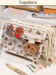 1 件水豚铅笔袋，可爱卡通翻盖，透明正面多口袋，牛津布收纳袋，大容量多功能学生文具，可爱多功能收纳袋，铅笔袋，化妆包，适用于学校、文具、节日礼物、学校礼物、返校、学校用品