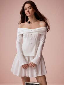 Enchnt Robe élégante femme à manches longues, épaules dénudées, plissée, couleur unie, ourlet - Blanc - Voir 4