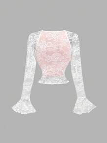 SHEIN MOD Women Square Neck Pink Lace Bow Ruffle Sleeve T-Shirt - Pink - View 2