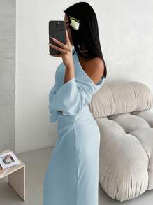 Aloruh 情人节优雅粉色纯色肩部褶皱喇叭袖超长修身美人鱼裙 - 淺藍色 - 查看 5