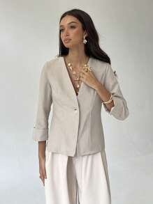 Aloruh 女式简约休闲纯色单扣轻便夹克 - 卡其色 - 查看 3