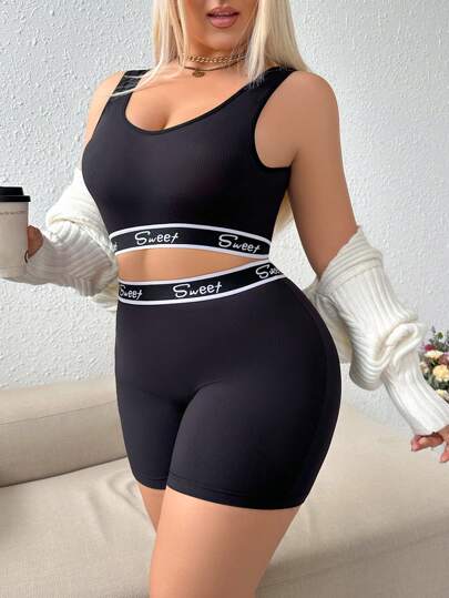 SHEIN 2pcs/Set Contrast Color Comfortable Stretchy Plus Size Lingerie Set