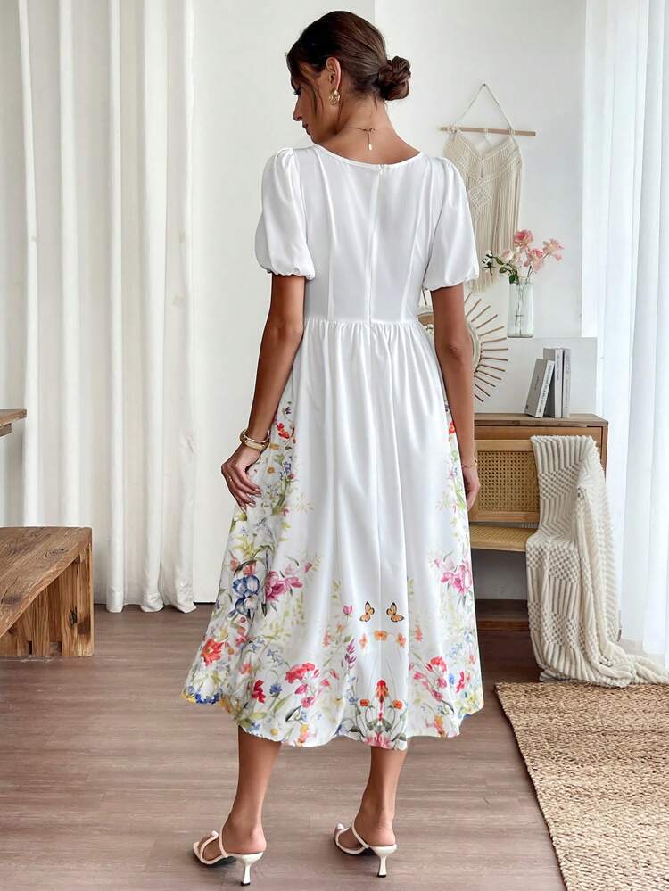 Women Floral & Butterfly Print Bubble Short Sleeve Dress, Vacation Style