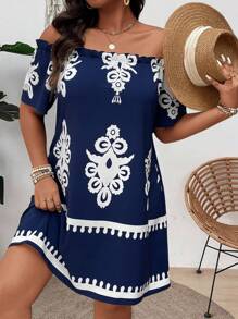 SHEIN Clasi Vestido con hombros descubiertos, mangas cortas, volantes y estampado floral para mujer de talla grande - Azul - Ver 4