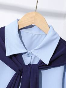 青少年/少女度假休闲风格粉色短袖衬衫 + 直筒裤 - 藍色 - 查看 3