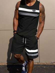 Manfinity Homme Set di gilet e pantaloncini casual da uomo in stile urban con design a righe e patchwork
