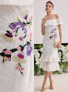 MOTF PREMIUM ELEGANT LACE FLORAL EMBROIDERED RUFFLE HEM OFF SHOULDER DRESS - White - View 2