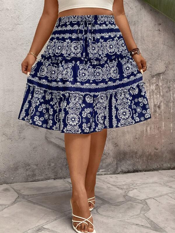 EMERY ROSE Falda casual de talle alto con cordón y bloqueo de color A-line de talla grande para días festivos