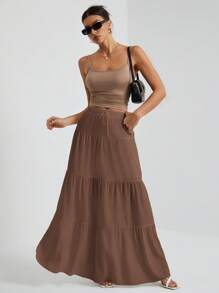 SHEIN Tall White Woven Women's Large Hem White Lining Skirt, Suitable For Vacation And Going Out