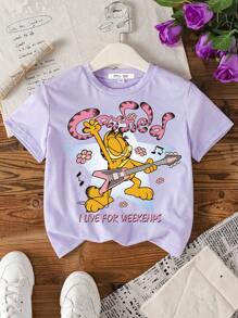 GARFIELD X SHEIN Tween Girl Cute Cartoon Graphic Casual Simple Short Sleeve T-Shirt, Suitable For Summer