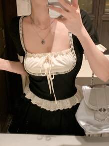 DAZY Nouveau T-shirt décontracté d'été pour femmes 2 en 1 pour la remise des diplômes, hauts à volants mignons