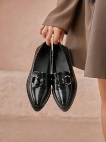 CUCCOO CURVES Giày Oxford đế dày, mũi nhọn, màu đen trơn, mũi kín, buộc dây, phong cách Anh, cỡ lớn, dành cho nữ, mọi mùa - màu đen - Xem 1