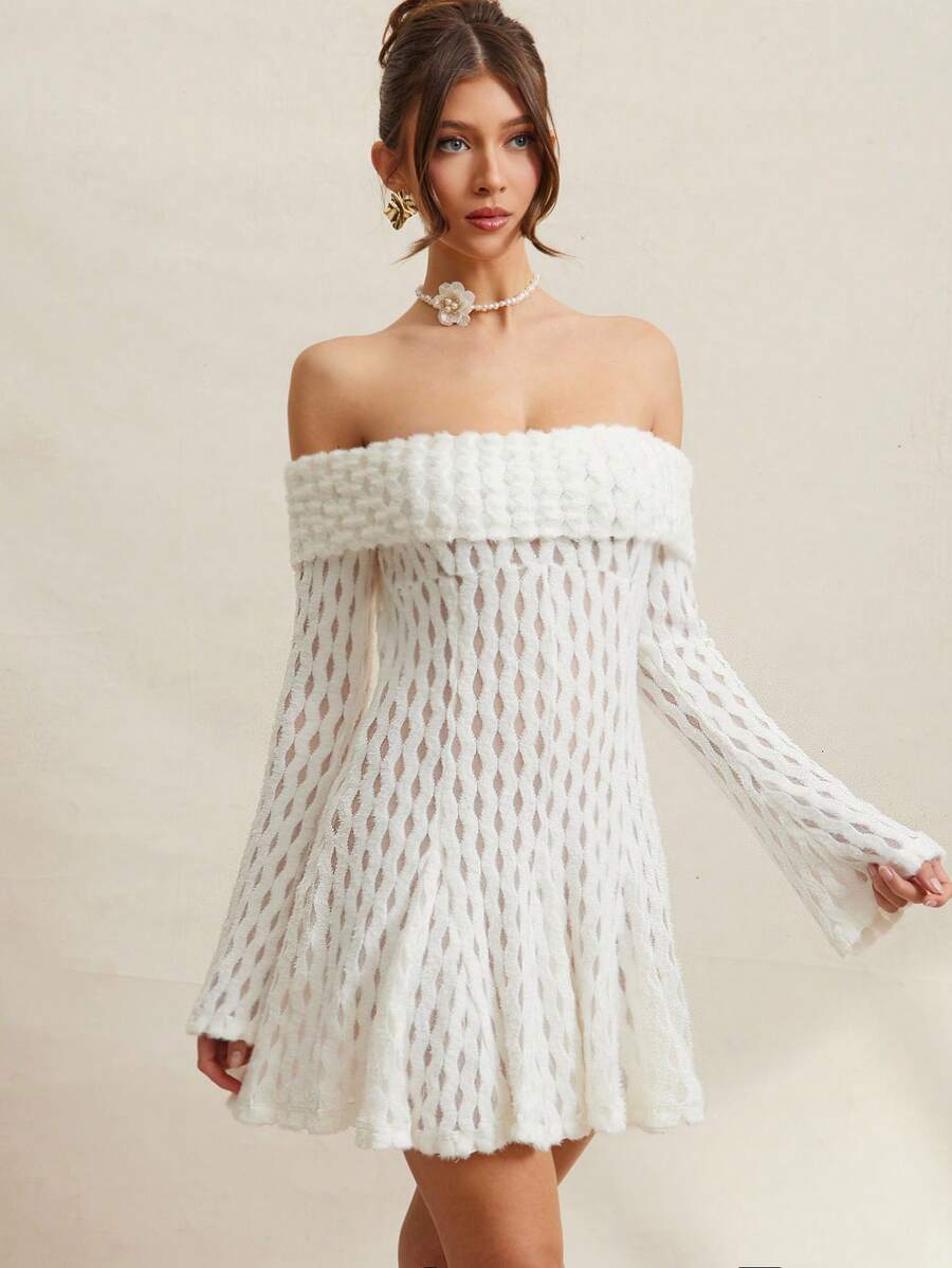L'Amorae Elegant Knit Off Shoulder Long Sleeve Pleated Detail Vacation Mini Sun Dress, Summer Outfits For Women
