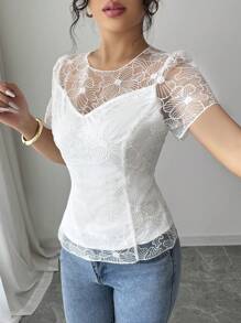 Elenzga Blusa casual corta con scollo a V, senza maniche, stile romantico in tinta unita con dettagli luccicanti, adatta per appuntamenti, feste, Pasqua, elegante stile francese, per l'estate