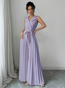 Elenzga Women's Elegant Light Purple Double-Breasted Design Pleated Jumpsuit, Spring/Autumn - Mauve Purple - View 3