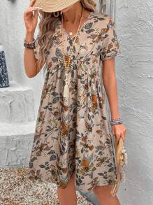 EMERY ROSE 女士花卉印花 V 领短袖休闲迷你度假连衣裙 - 卡其色 - 查看 6