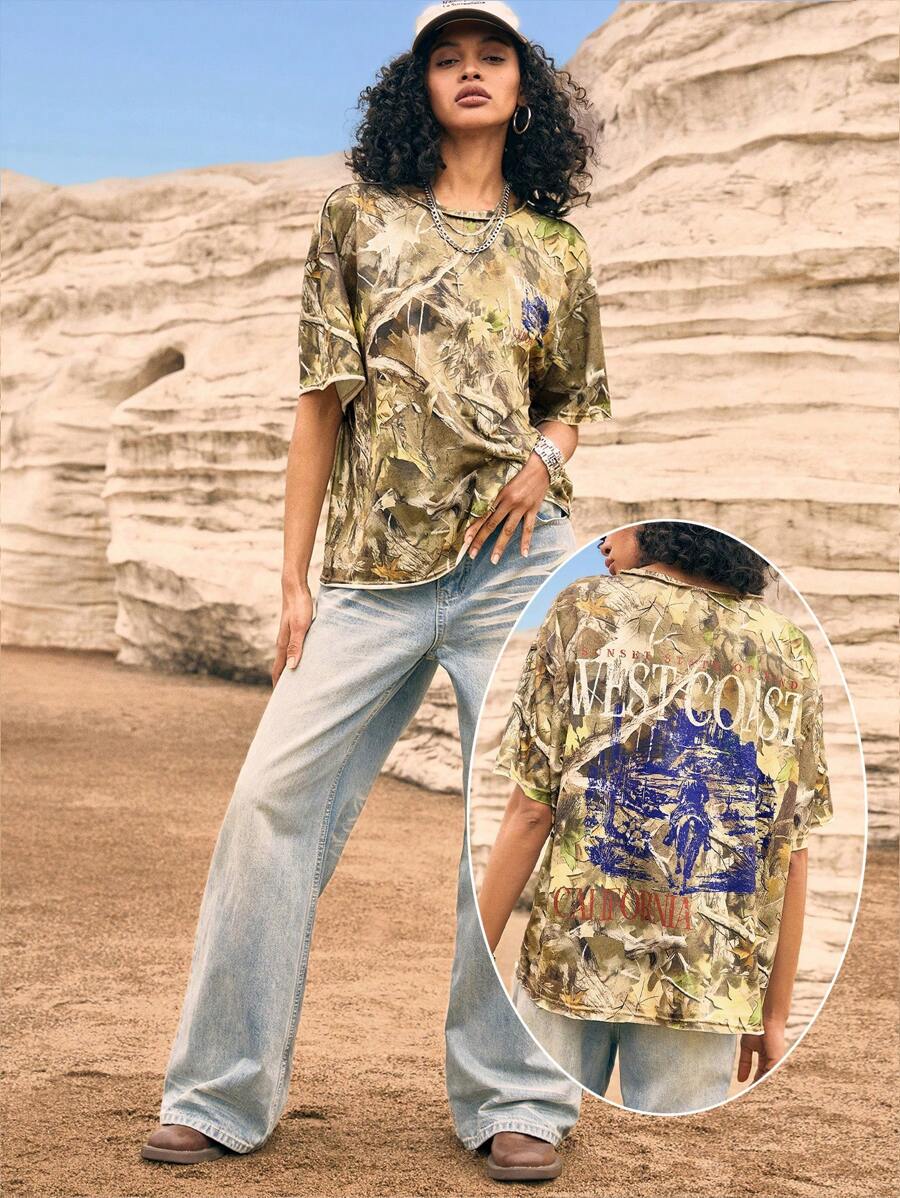 Easelle Summer Women's Vintage Western Style, Cowgirl Camouflage Branch & Leaf Splatter Print Knitted Women's Casual Loose T-Shirt - Multicolor - View 1