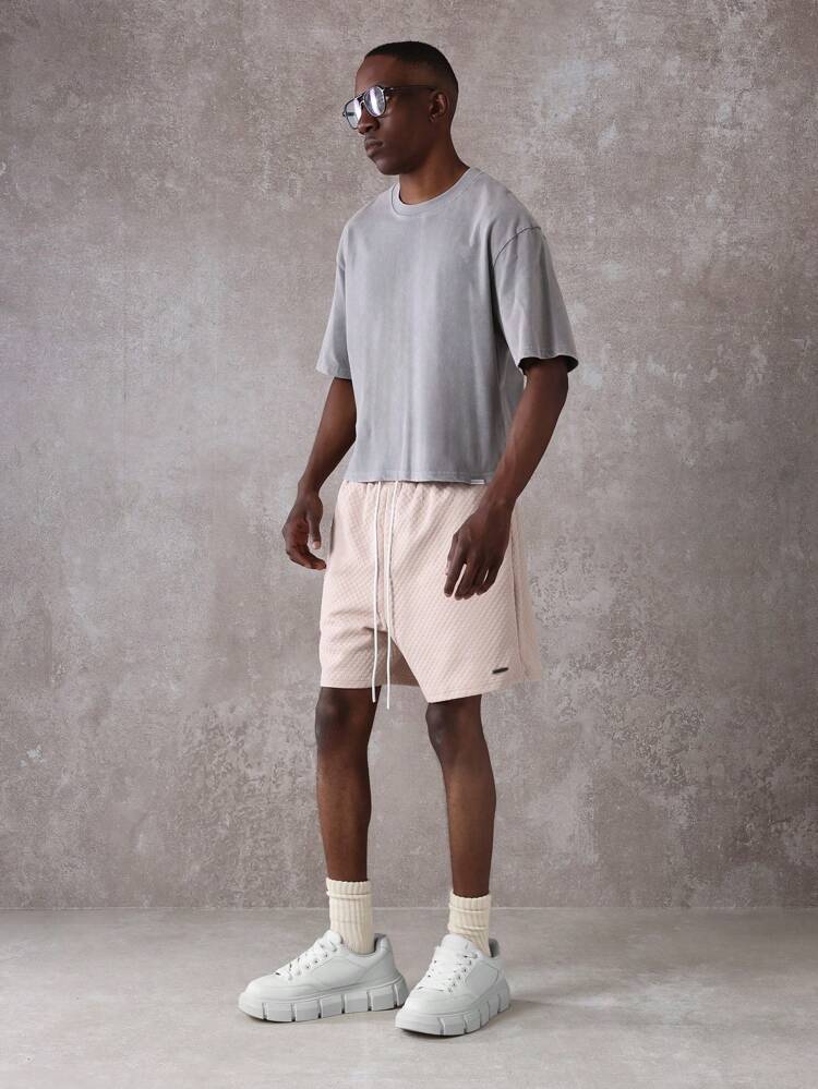 Drop Crotch Textured Shorts With Drawstring