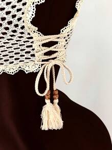 Amplova 波西米亚风度假海滩度假夏季女士度假蕾丝边透明钩针系带女式衬衫，透视上衣