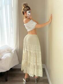 Sweetina Women's Boho Long Woven Fabric Skirt With Frill And Lace Details - Beige - View 2