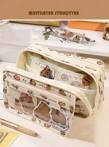 1 件水豚铅笔袋，可爱卡通翻盖，透明正面多口袋，牛津布收纳袋，大容量多功能学生文具，可爱多功能收纳袋，铅笔袋，化妆包，适用于学校、文具、节日礼物、学校礼物、返校、学校用品