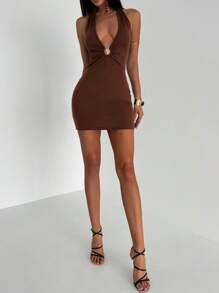 Aloruh 女式露背 V 领性感短裙 - 棕色 - 查看 5