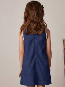 PrepCrw 年轻女孩有领无袖修身梭织连衣裙，黑色，春/夏 - 深色水洗藍 - 查看 2