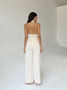 Aloruh Early Spring Elegant Halter Backless Loose Jumpsuit, Straight Leg, Slimming Design - Apricot - View 2
