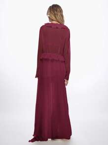 MISSGUIDED Boho Ruffle Longline Chiffon Blouse Festival Top High Low Hem Button Front Semi Sheer Summer Fall Tie Front Top Christmas - Burgundy - View 2