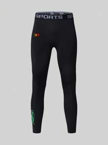 Manfinity Sport Corelite Men's Letter Print Seamless Sports Compression Pants Workout Clothes Running - Black - View 3