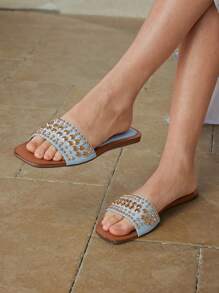 MOTF PREMIUM SQUARE TOE CONTRAST TRIM STUDDED FLAT SANDALS FOR CHRISTMAS - Baby Blue - View 7
