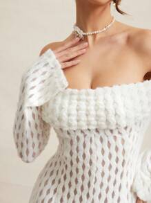 L'Amorae Elegant Knit Off Shoulder Long Sleeve Pleated Detail Vacation Mini Sun Dress, Summer Outfits For Women