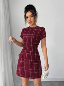 Elenzga 优雅法式格子图案粗花呢连衣裙，带口袋装饰，女式紧身迷你连衣裙 - 酒紅色 - 查看 6