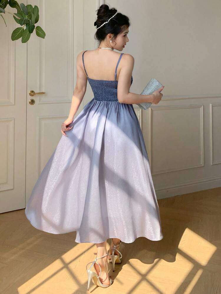 Ombre Color Sleeveless Pleated Midi Dress For Women